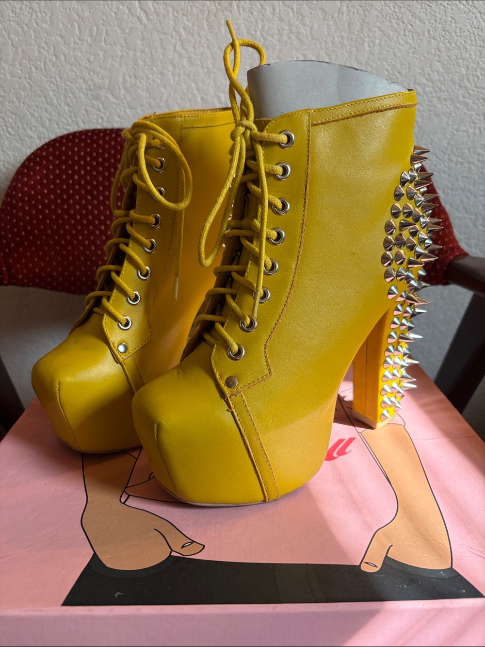 Jeffrey Campbell Yellow Lace-Up Platform Ankle Boots with Studded Heel